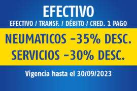 CONTADO (EFVO./TRANSF./DÉBITO/CRÉD. EN 1 PAGO): NEUMATICOS -35% DESC. / SERVICIOS -30% DESC. / VIGENCIA: 30/9/2023