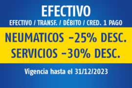 CONTADO (EFVO./TRANSF./DÉBITO/CRÉD. EN 1 PAGO): NEUMATICOS -25% DESC. / SERVICIOS -30% DESC. / VIGENCIA: 31/12/2023